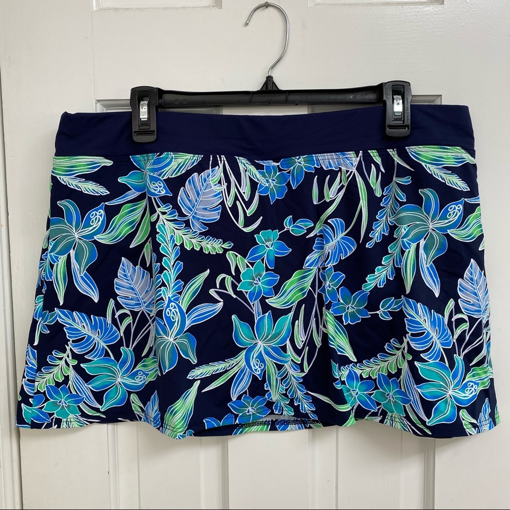 Lands' End Navy Blue Floral Swim Skirt